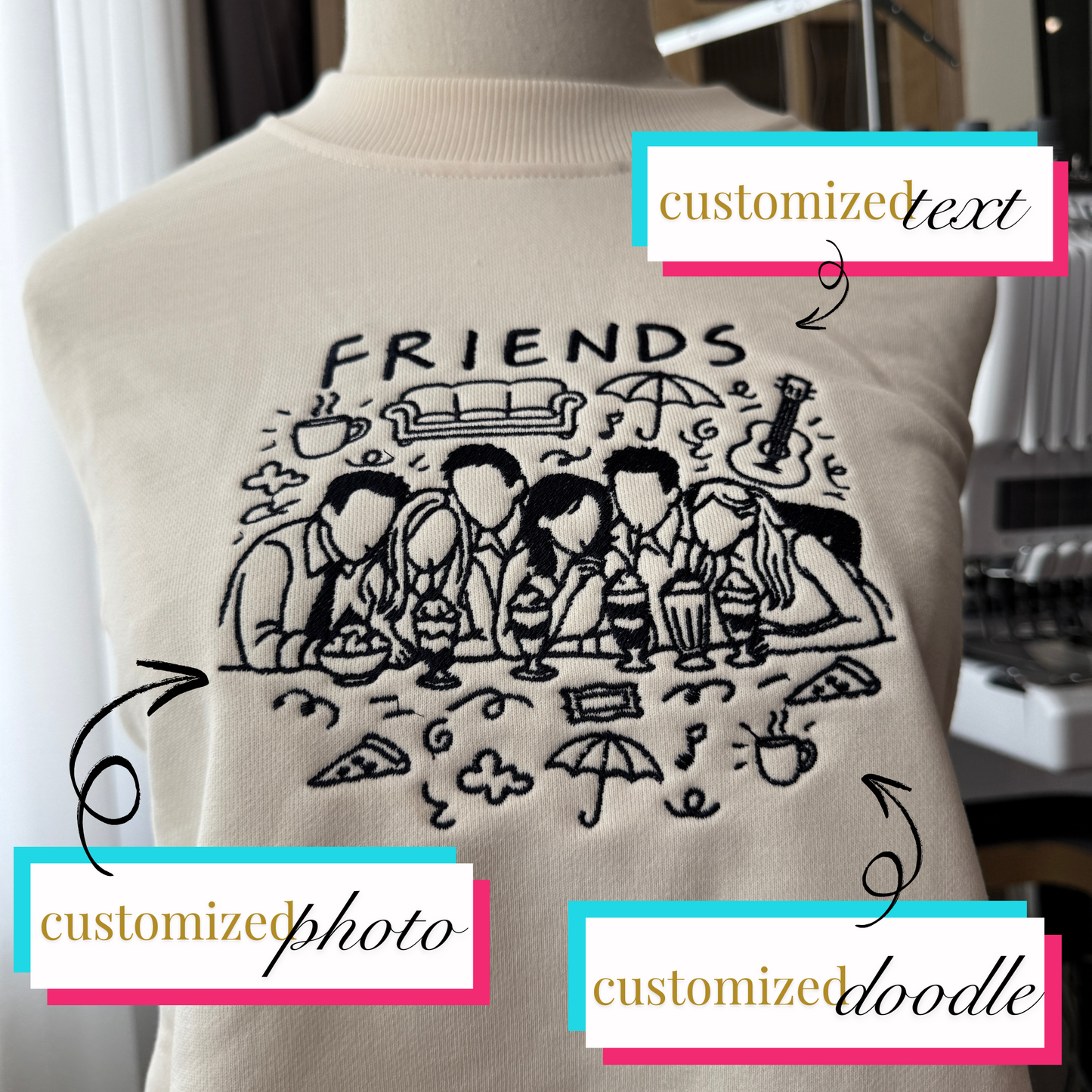 Personalized Embroidered Sweatshirt with Doodle Art from Your Photo – Friends, Family, or Couples Gift