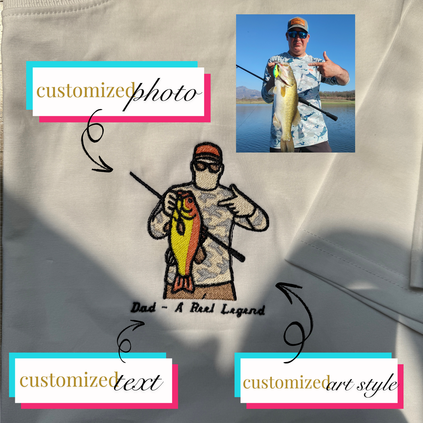 Personalized Embroidered T-shirt for Dad - Custom Fishing Photo & Text - Gift for Father's Day