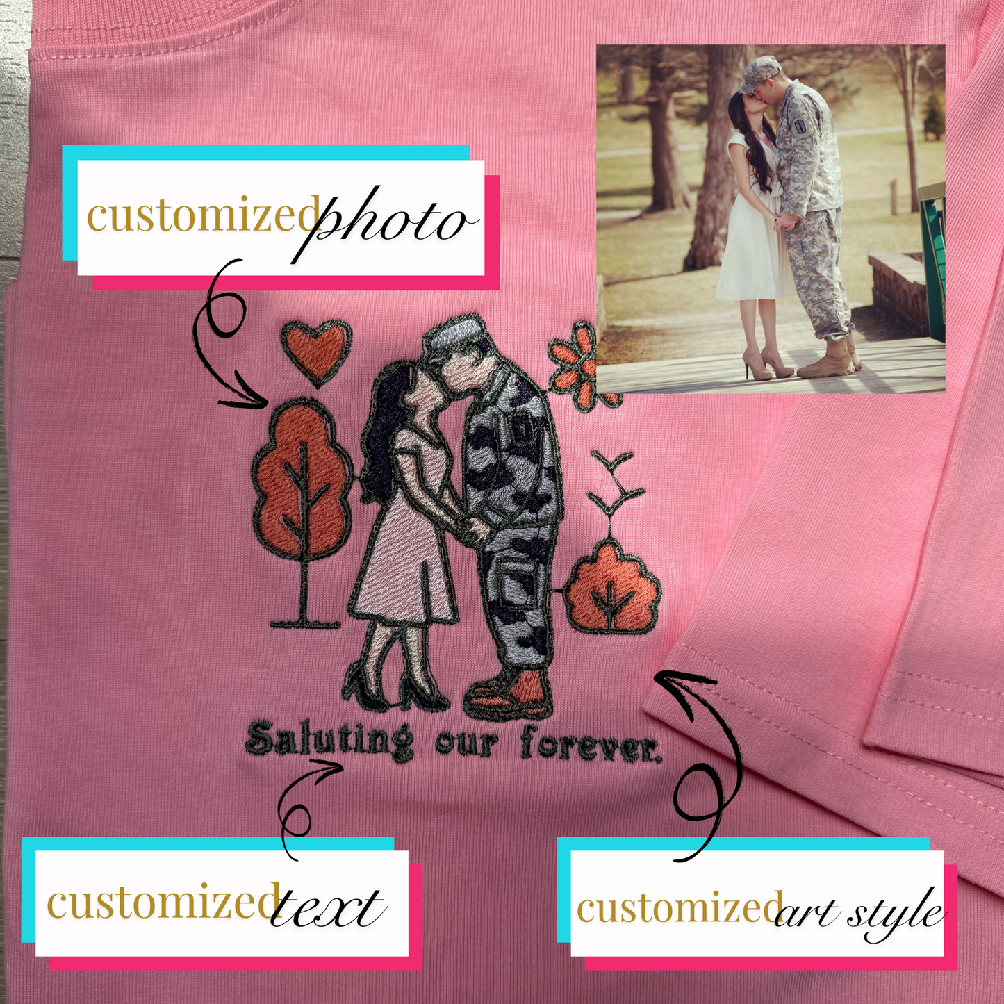 Personalized Military Couple Embroidered T-shirt | Custom Photo & Text Gift for Anniversary, Deployment, or Homecoming